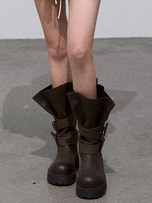 Vintage Petal-Tie Mid-Calf Leather Boots