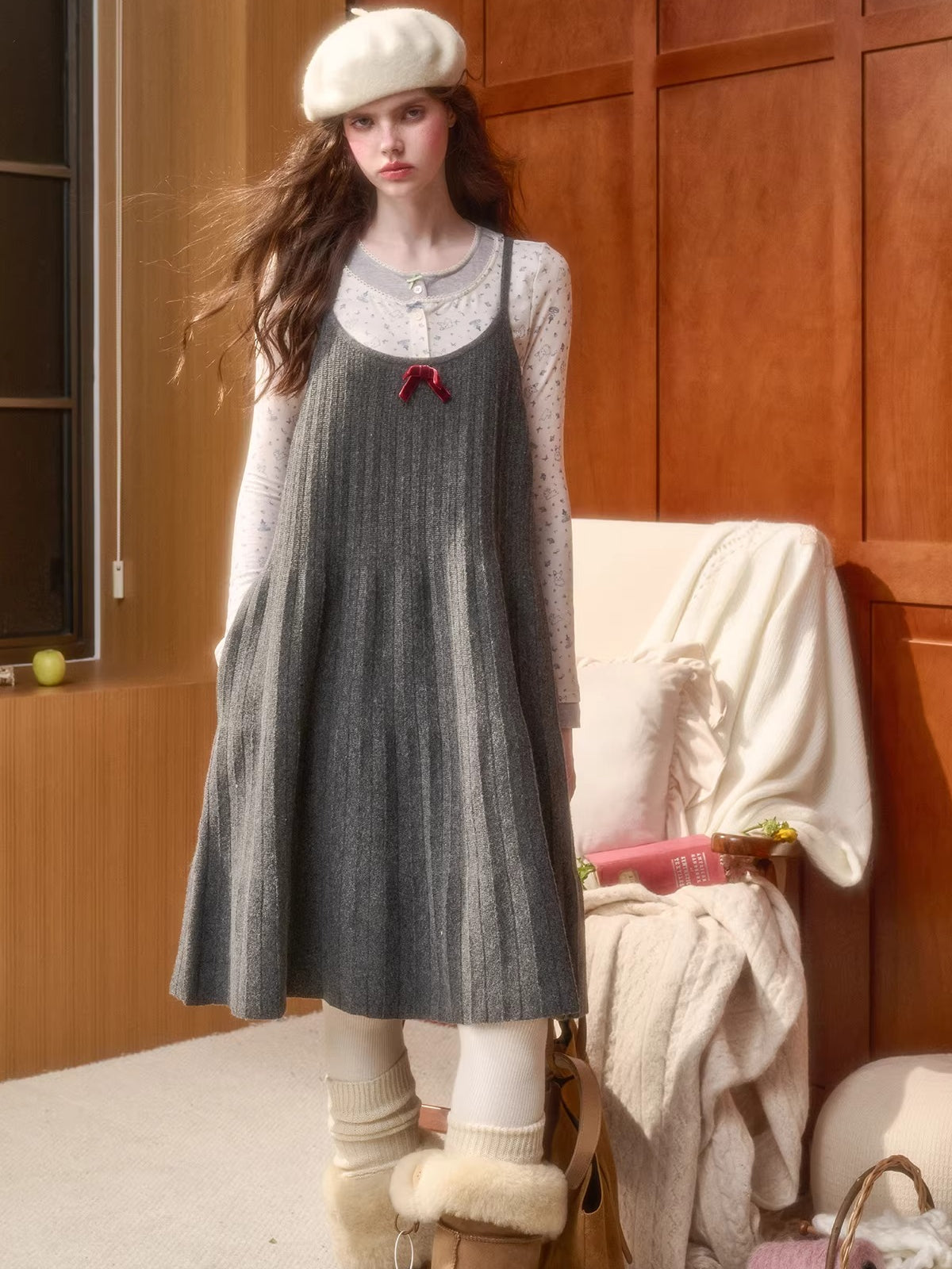 Wool Blend Pleated Knit Midi Dress