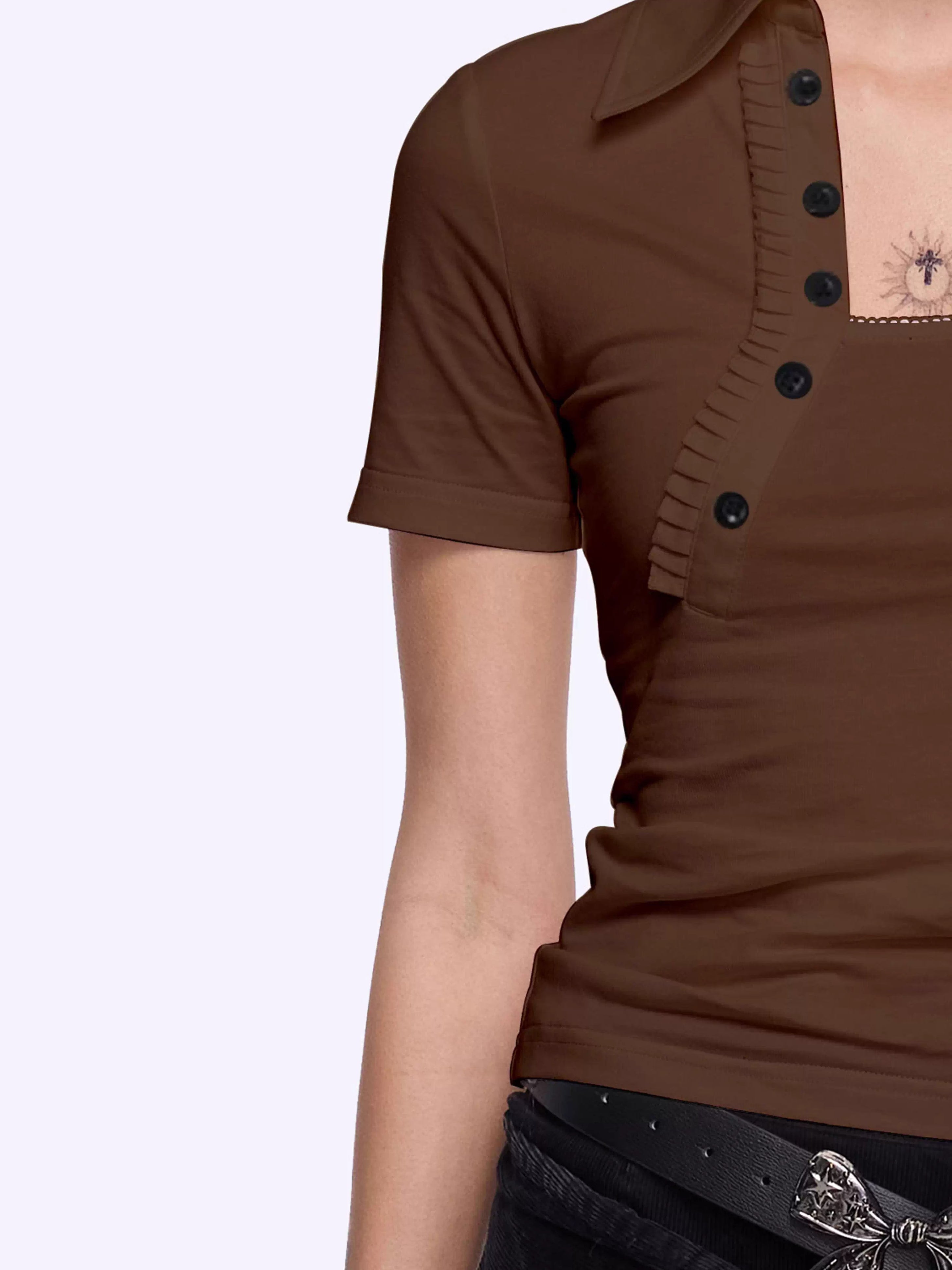 Backless Letter Print Lace-Trim Polo T-Shirt