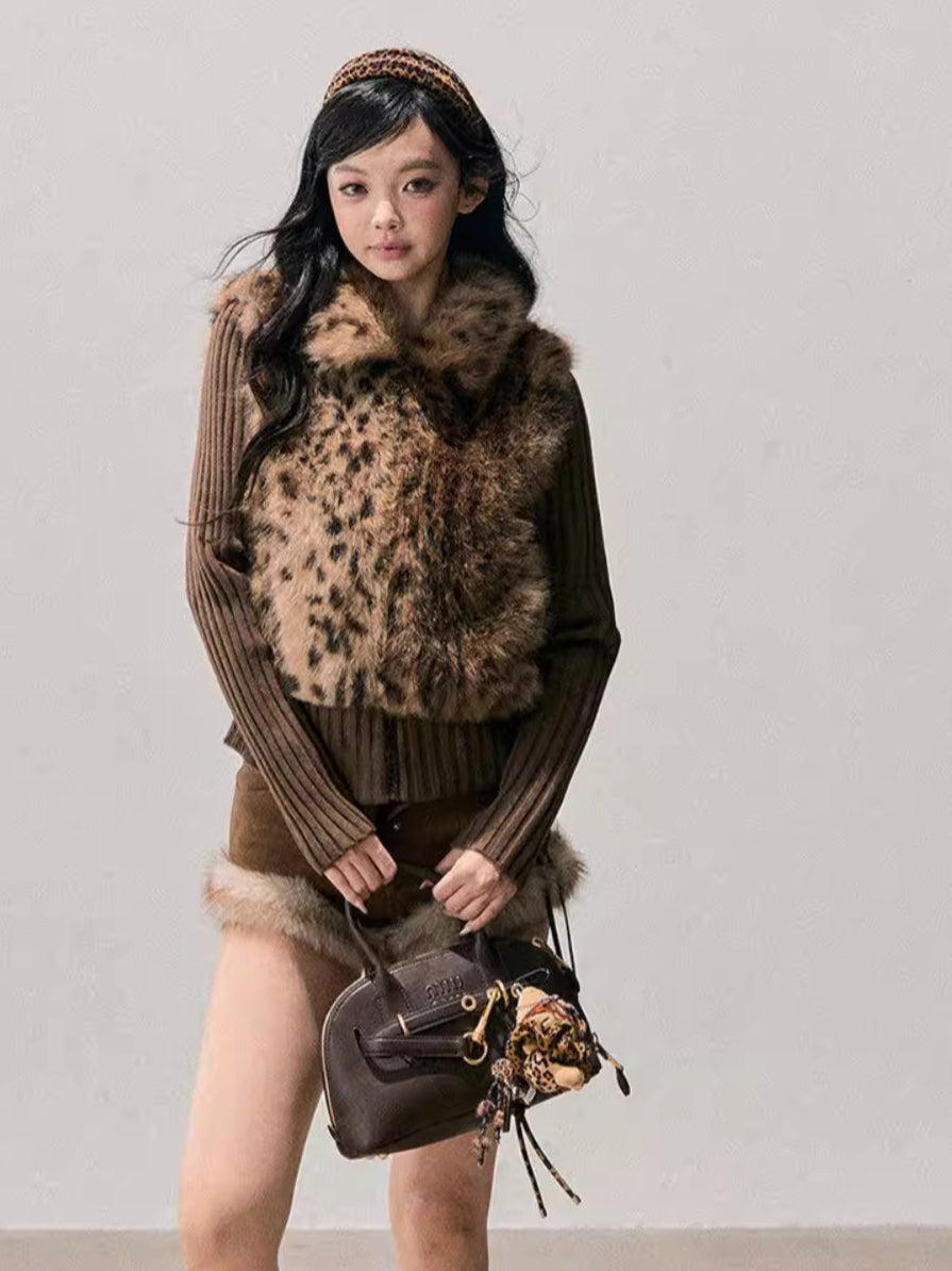 Faux Two-Piece Eco Fur Knit Jacket
