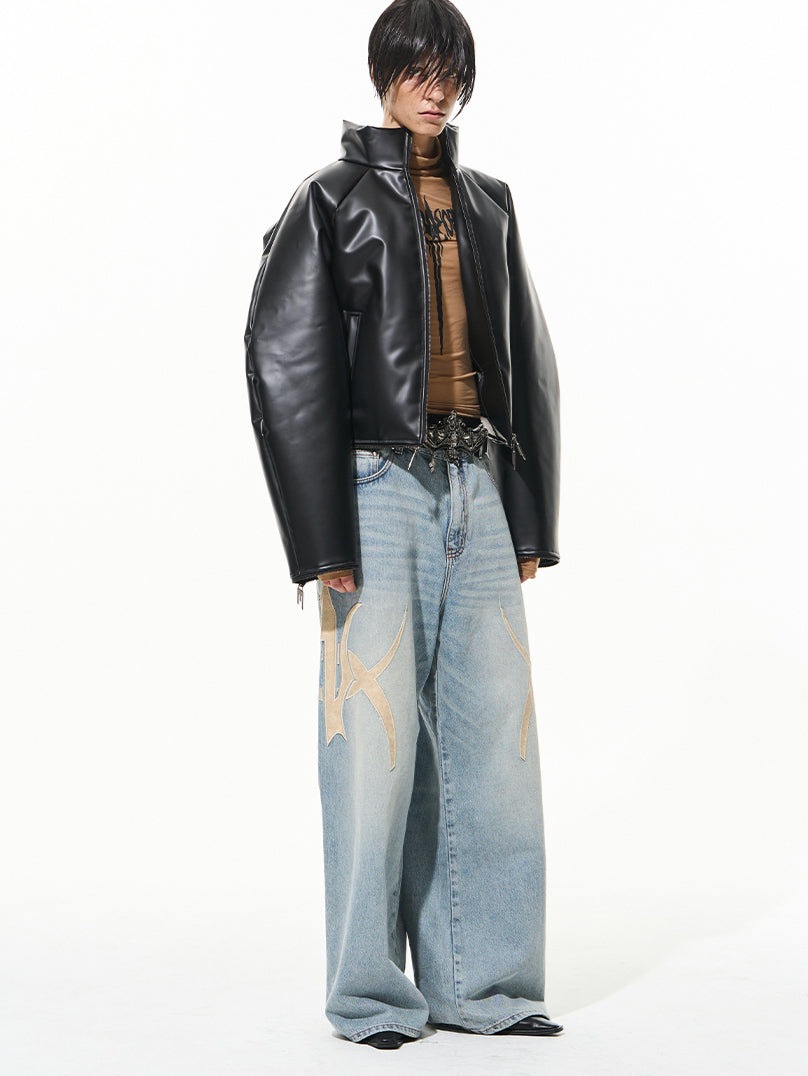 Black Oversized Raglan Sleeve Zipper Puffer Jacket - CHINASQUAD