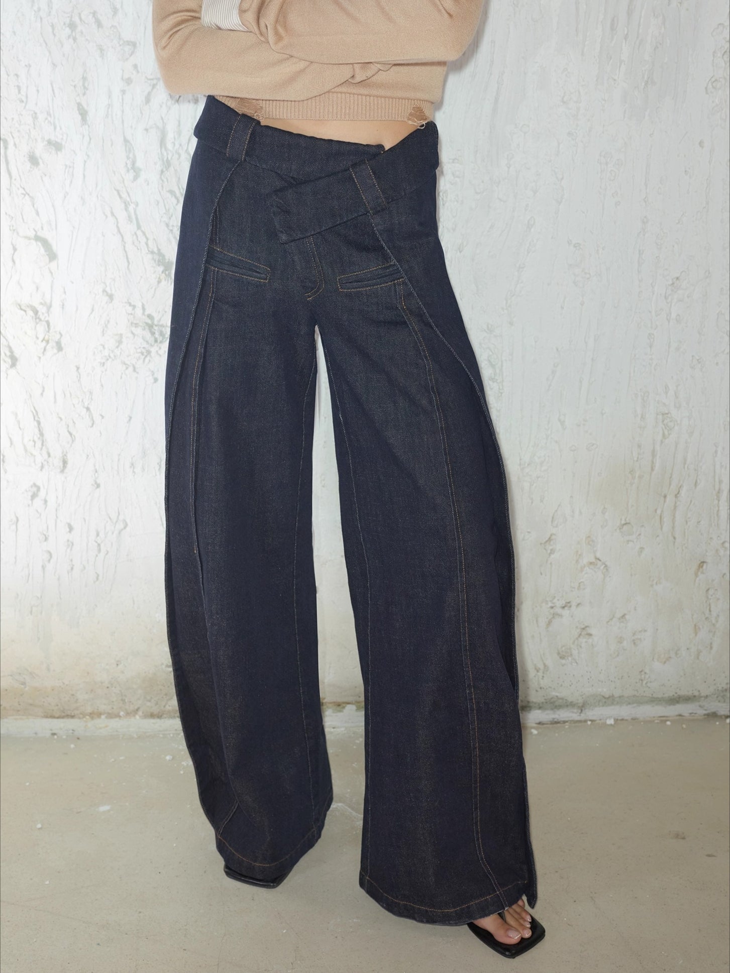 Irregular Folded-Waist Wide-Leg Trousers