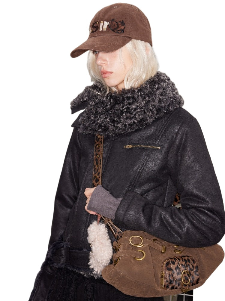Faux Fur Collar Leather Jacket - CHINASQUAD