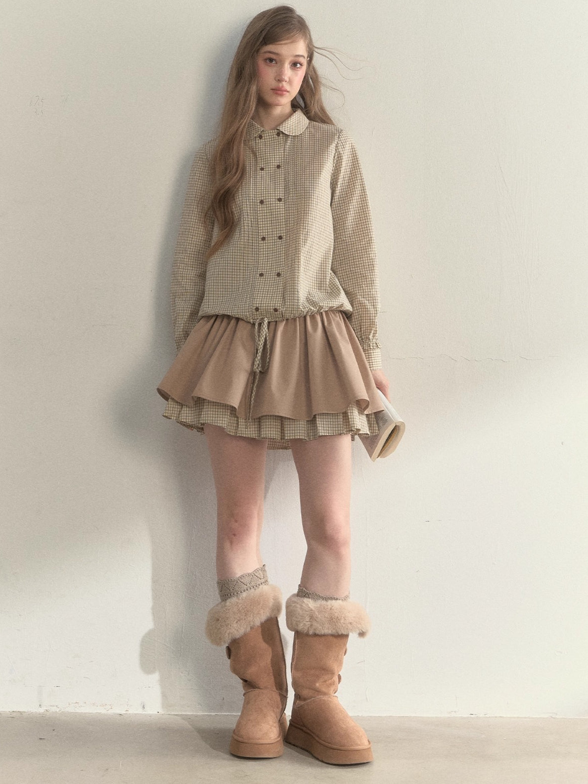 Retro Khaki Double-Layer Pleated Skirt