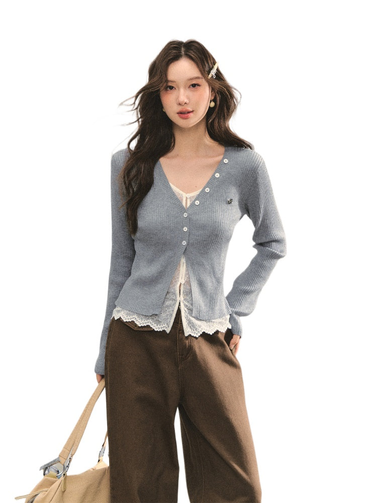 Lace Tie Fake Two-Piece Knitted Cardigan - CHINASQUAD