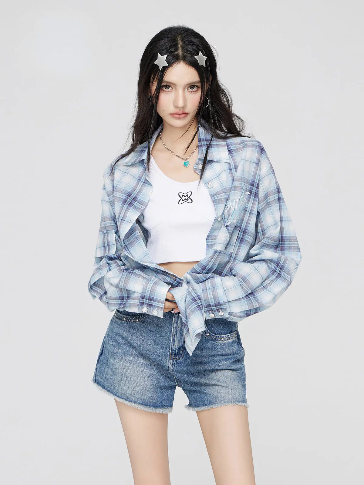 Blue Plaid Embroidered Sunscreen Shirt - CHINASQUAD