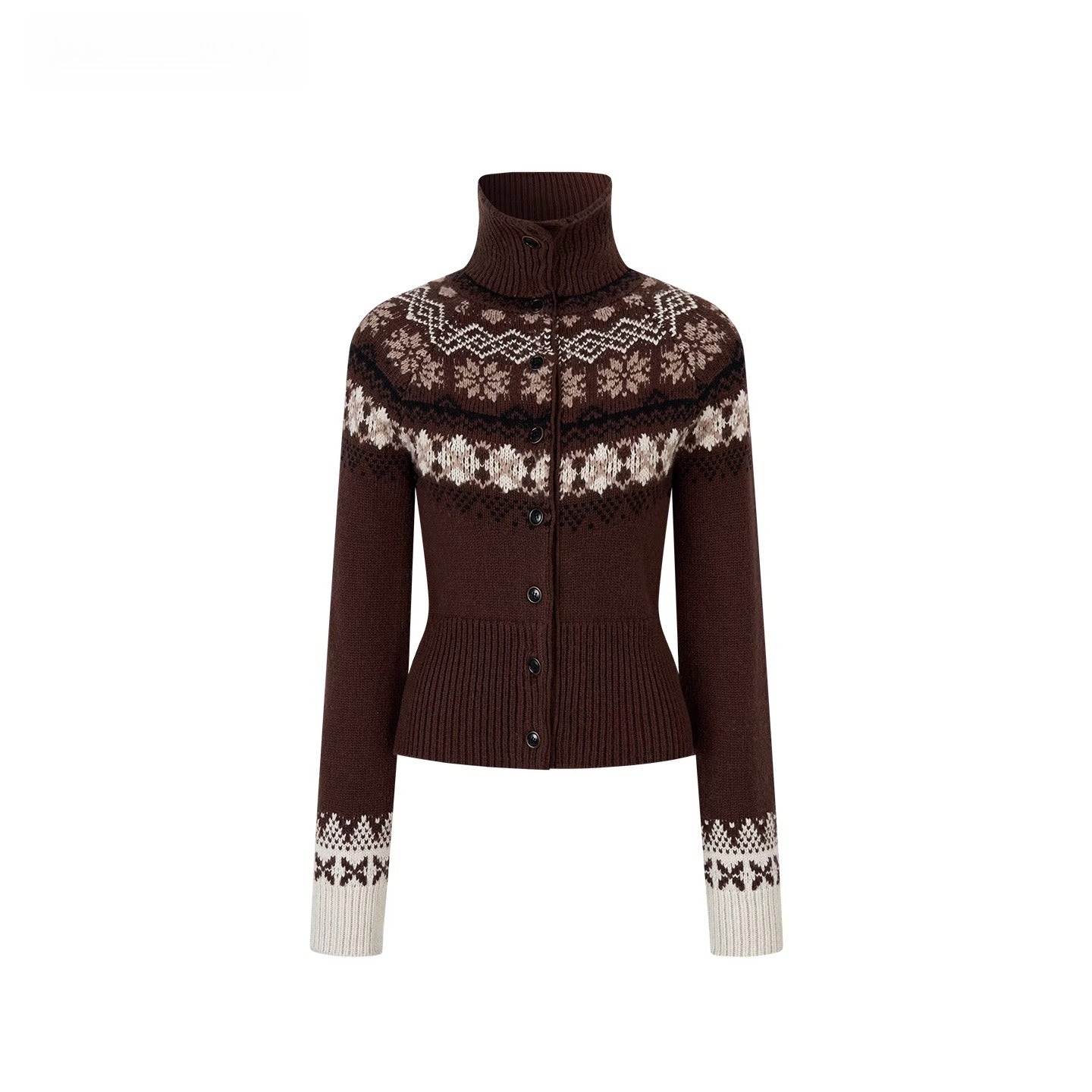 Fair Isle Wool-Blend Turtleneck Knit Cardigan