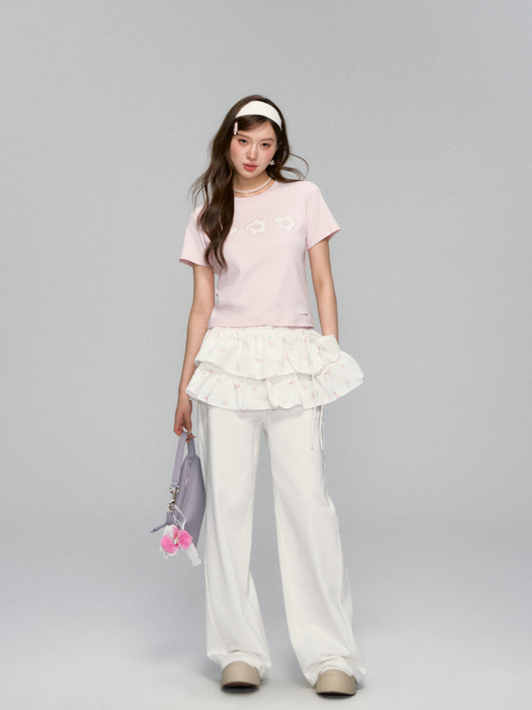 Flower Applique Round Neck T-shirt - CHINASQUAD