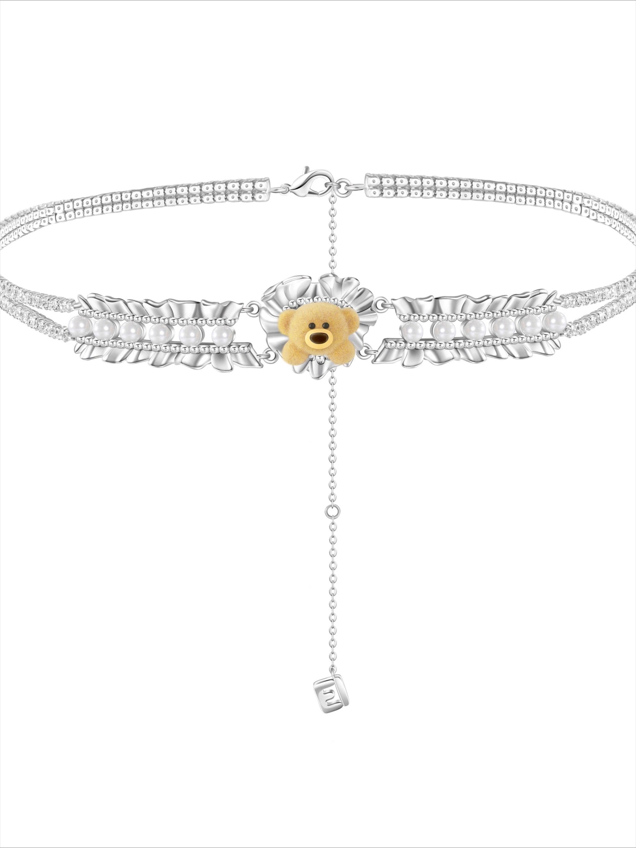 Pleated Heart & Pearl Velvet Bear Necklace