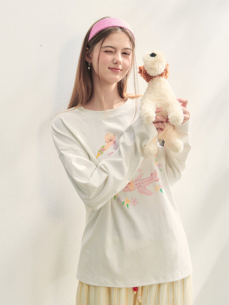 Crew Neck Dog Print Long-Sleeve Tee - CHINASQUAD