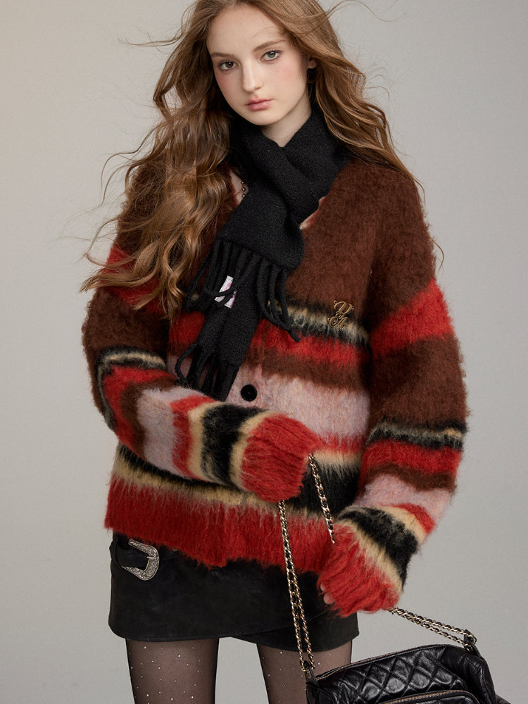 Brushed Colorblock Striped Knit Cardigan - CHINASQUAD