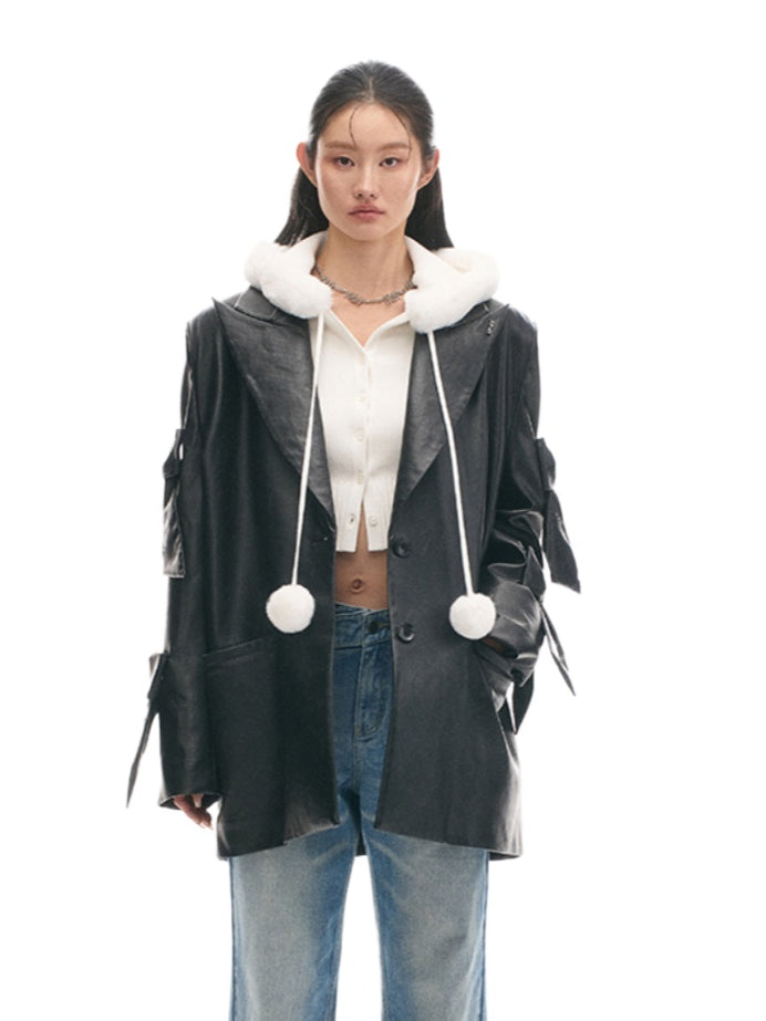 Textured Loose-Fit Embroidered Leather Jacket - CHINASQUAD