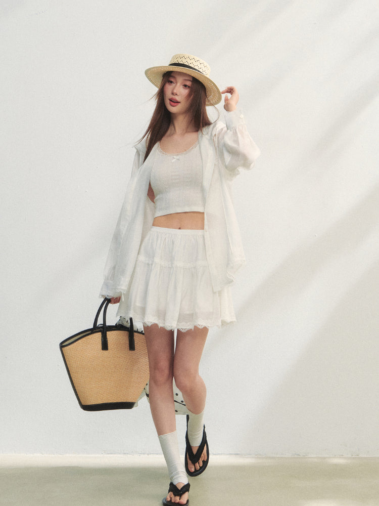 White Lace Panel Hooded Coat & Skirt Set - CHINASQUAD