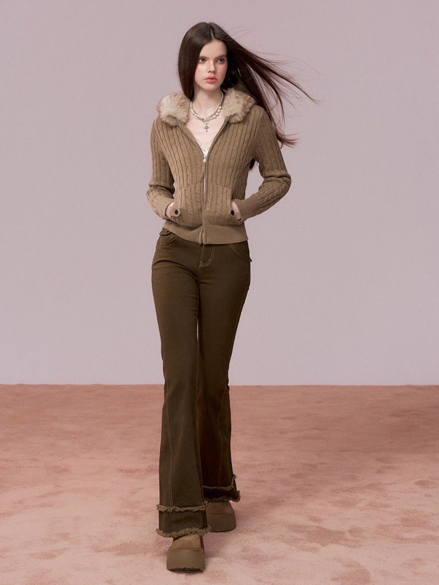 Faux-Fur Collar Cable-Knit Cardigan