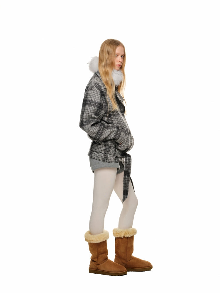 Gray Plaid Woolen Moto Jacket - CHINASQUAD