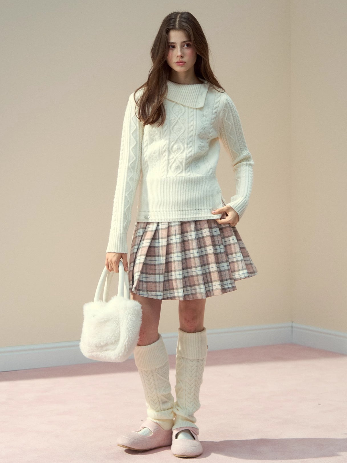 Blush Plaid Wool A-Line Pleated Skirt - CHINASQUAD