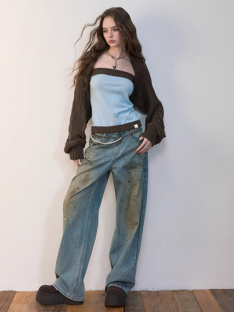 Contrast Knit Slim Wool Tube Top - CHINASQUAD