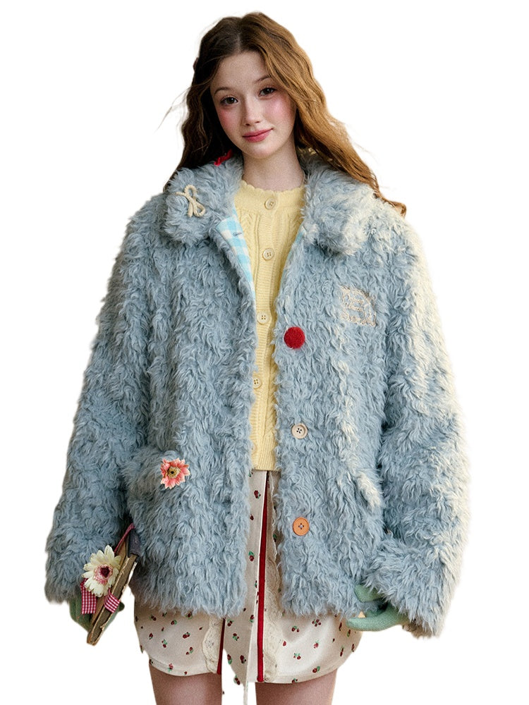 Cream Strawberry Gray-Blue Fur Jacket - CHINASQUAD