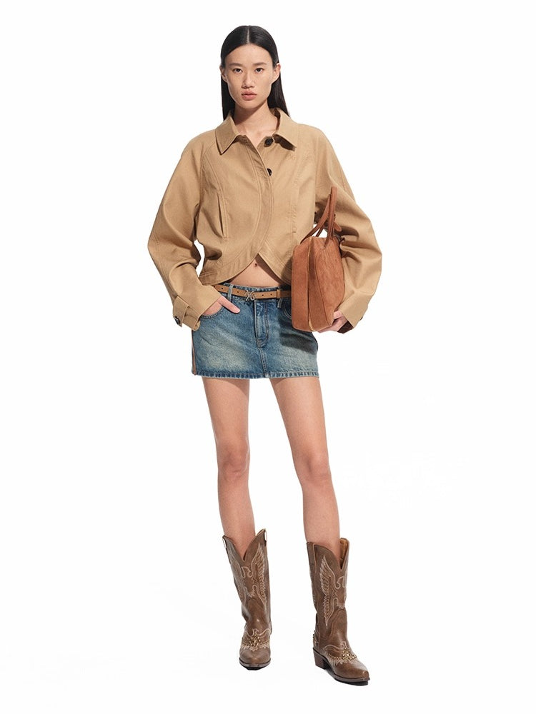 Twill Raglan Sleeve Overlap Placket Collar Jacket - CHINASQUAD