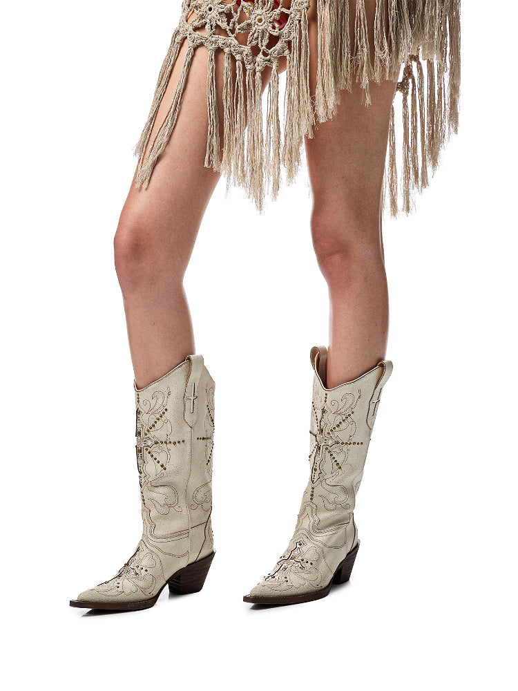 V-Mouth Pointed-Toe Leather Embroidered Denim Boots - CHINASQUAD