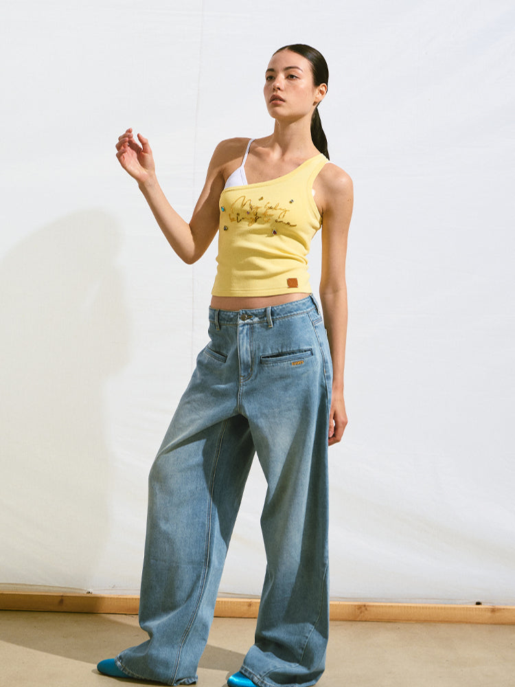 Off-Shoulder Handmade Color Rhinestone Knitted Cami - CHINASQUAD