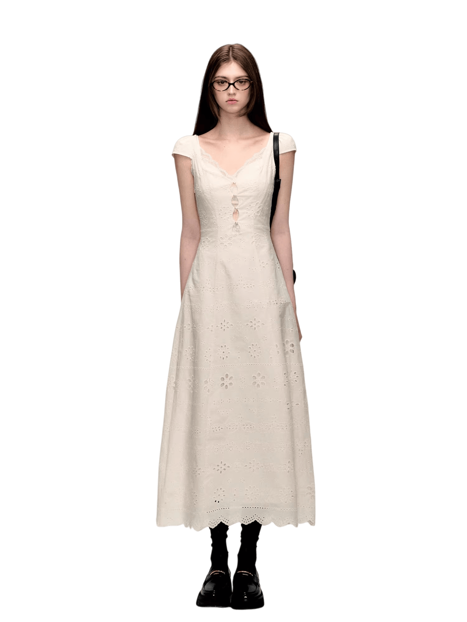 Cream White Lace-Panel Slim Fit Textured Dress