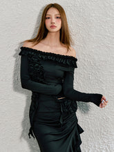 Ruffled Rose Off-shoulder Top & Asymmetrical Long Skirt Set - CHINASQUAD