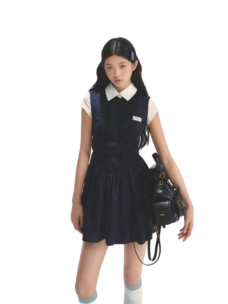 Miu-style Fake Two-piece Navy Blue Dress - CHINASQUAD