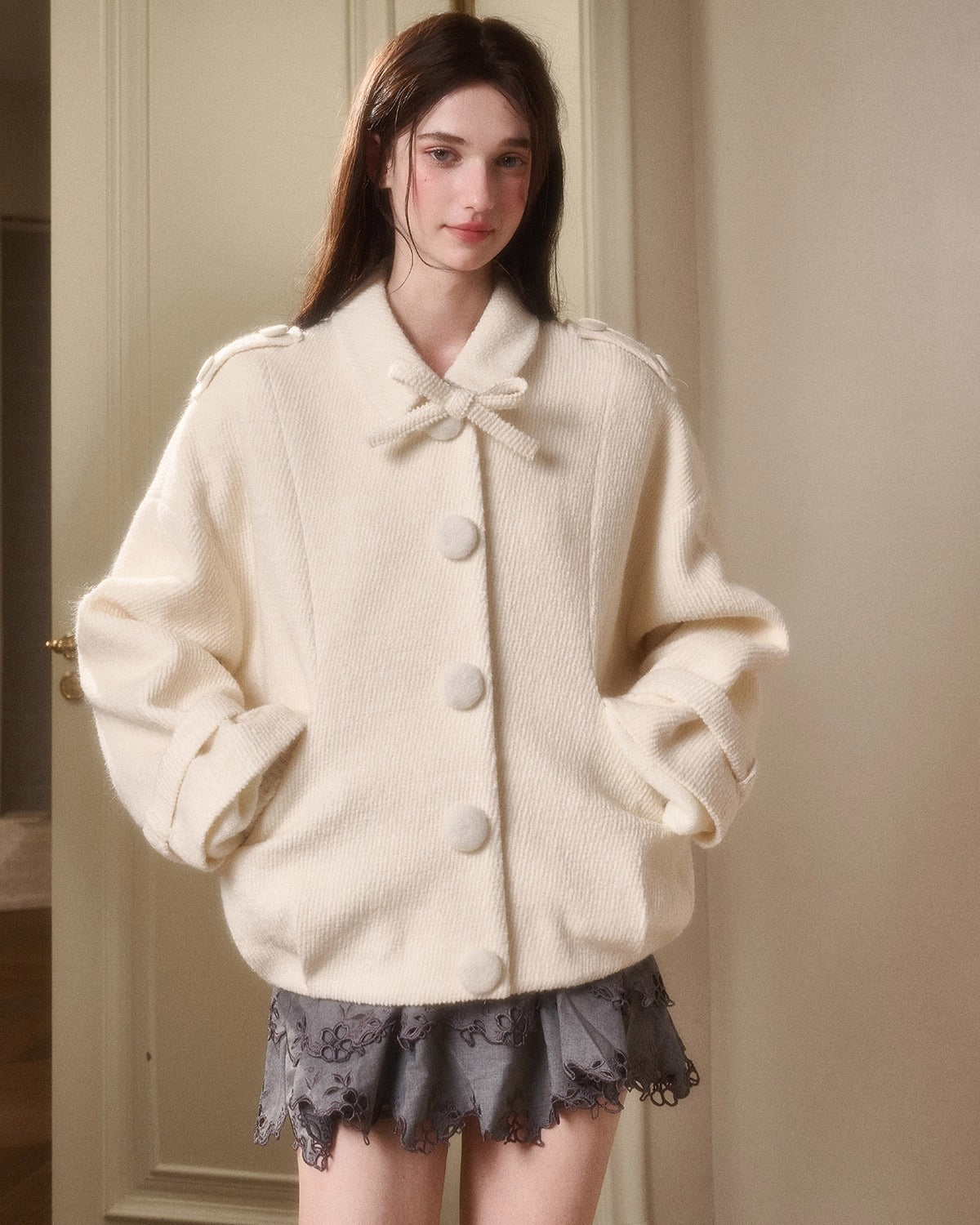 GROUP OF UNIVERSE Fluffy Snow Wool Twill Cut Jacket – view 13