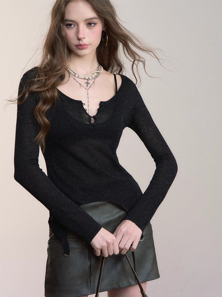 Irregular Knit Waist-Cinched Long-Sleeve Tee