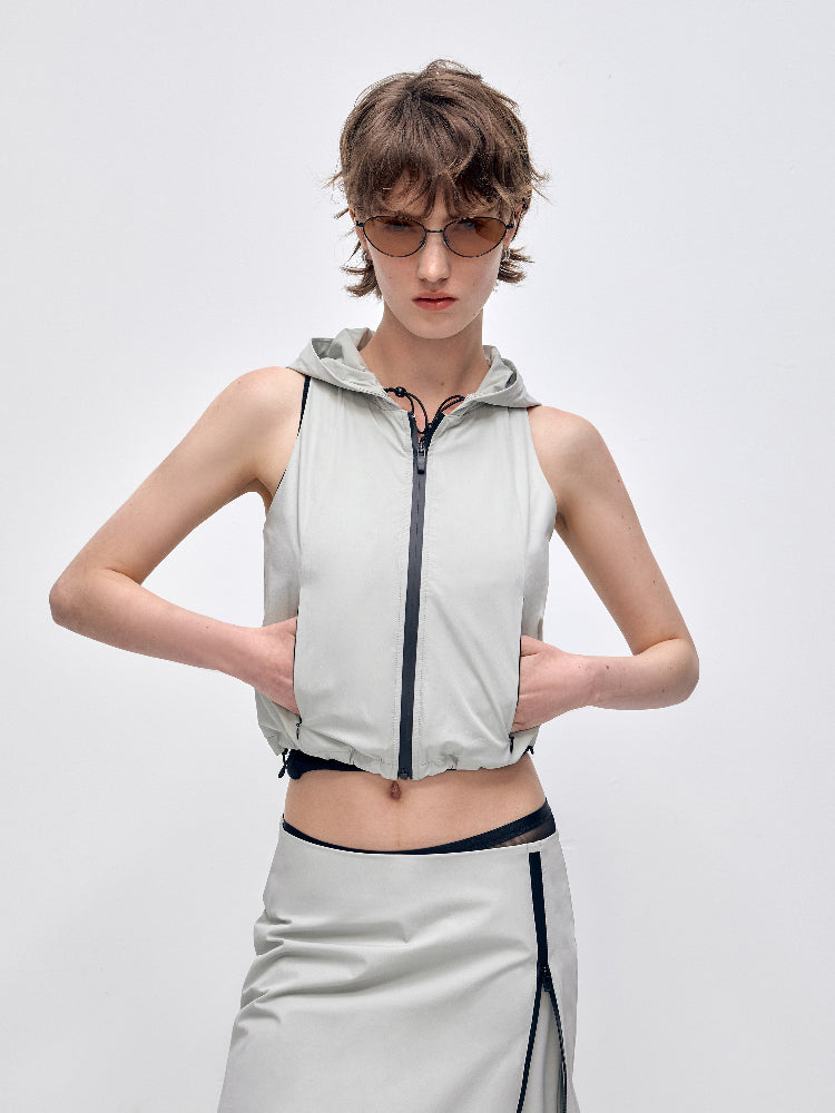 Color-block Hooded Zipper Vest & Pant Set