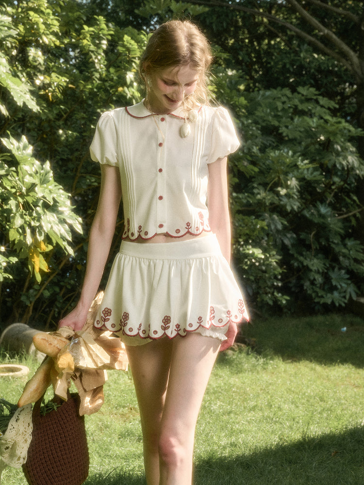 Lace Embroidery Airy Shirt & Skirt Set - CHINASQUAD