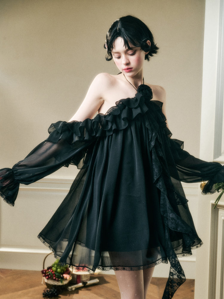 Halter Neck Off-Shoulder Ribbon Dress - CHINASQUAD