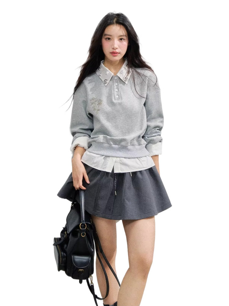 Rhinestone Rose Fake Two-Piece Sweatshirt - CHINASQUAD