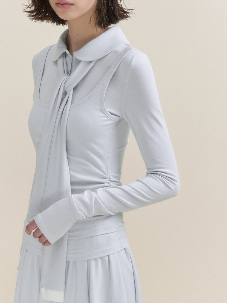 White & Blue Collared Knit Top & Skirt Set - CHINASQUAD