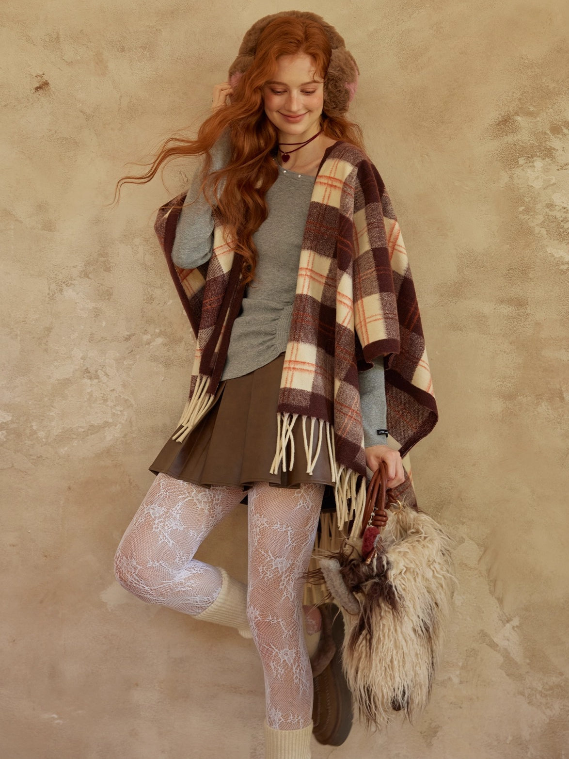 Vintage Plaid Fringe Shawl Scarf