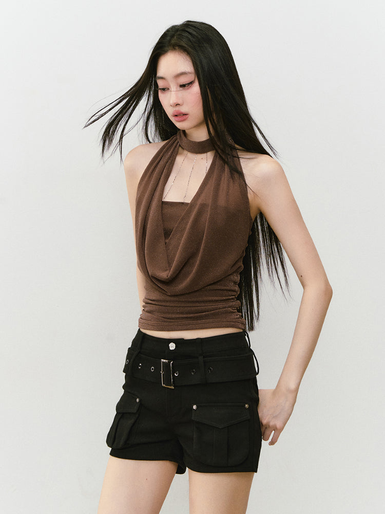 Chain Swing-neck Halter Neckline-gathered Waist Tank Top - CHINASQUAD