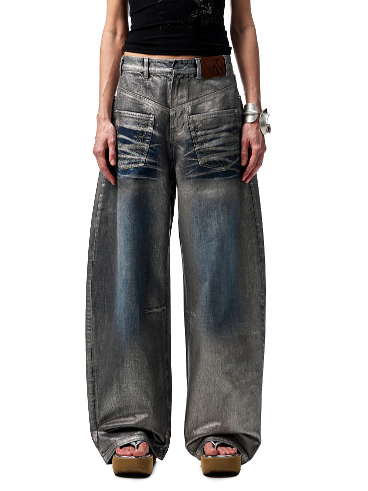 Silver-Foil Embroidered Straight-Leg Denim Curved Pants - CHINASQUAD