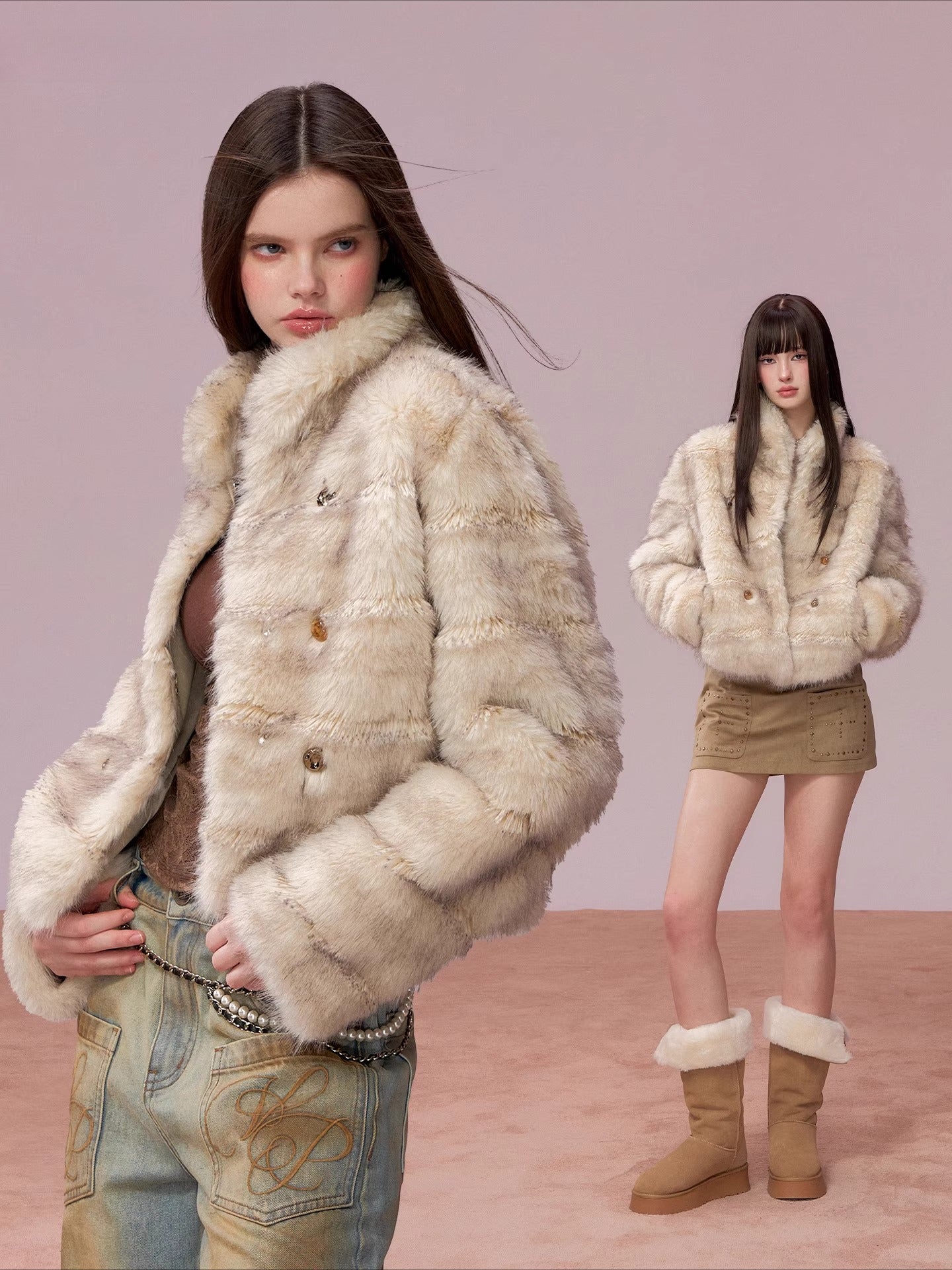 Double-Breasted Faux-Fur Short Jacket