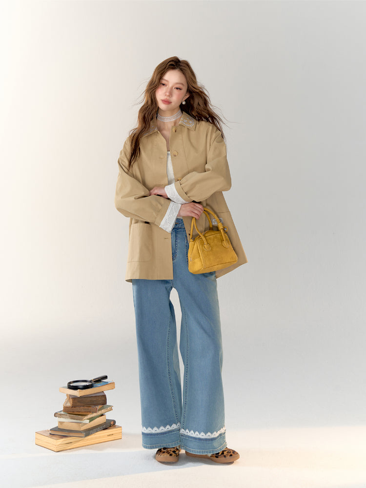 Lace Band Straight-leg Denim Jeans - CHINASQUAD