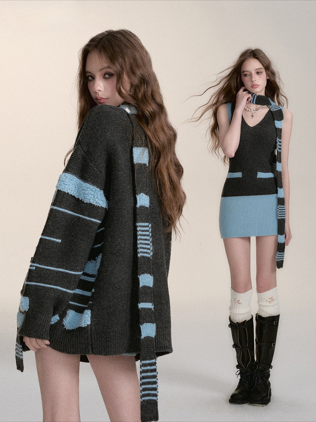 Color-block Knit Cardigan Dress & Scarf Set - CHINASQUAD
