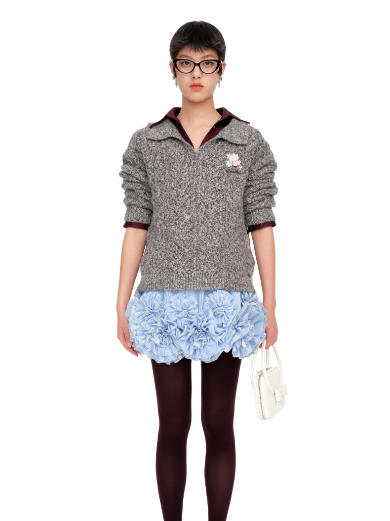 Black & Brown Floral Embellished Collared Knit Sweater - CHINASQUAD