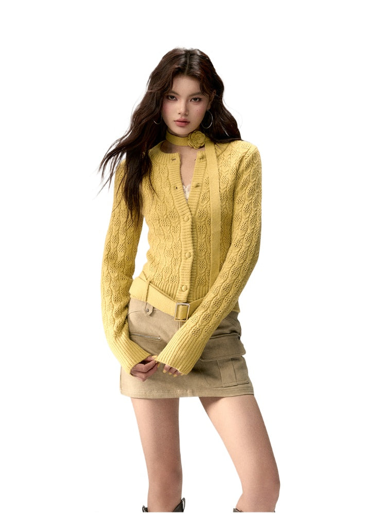 Belted Hollow Out Knit Sweater - CHINASQUAD