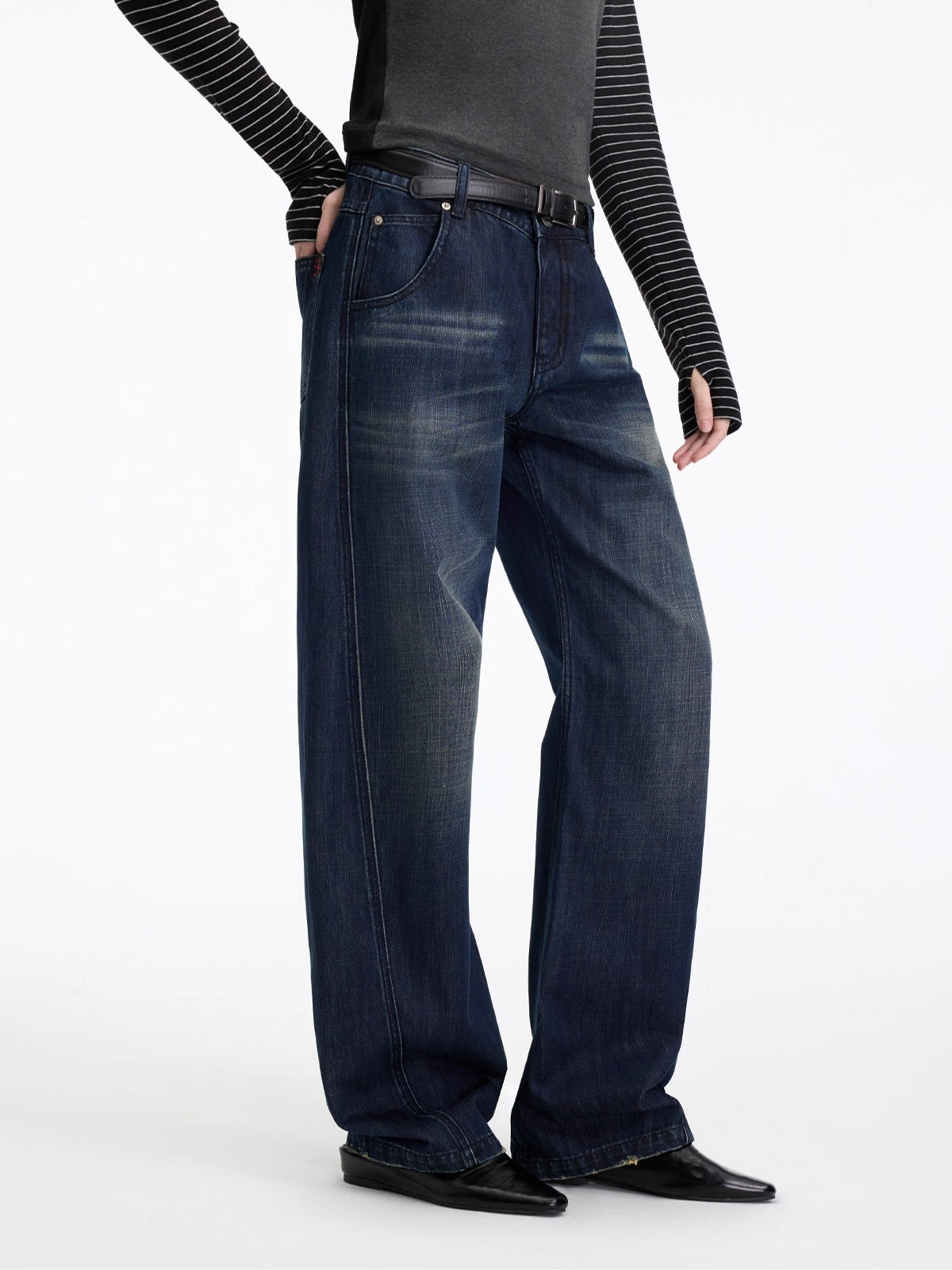 Washed Panel-Detail Curved Denim Pants