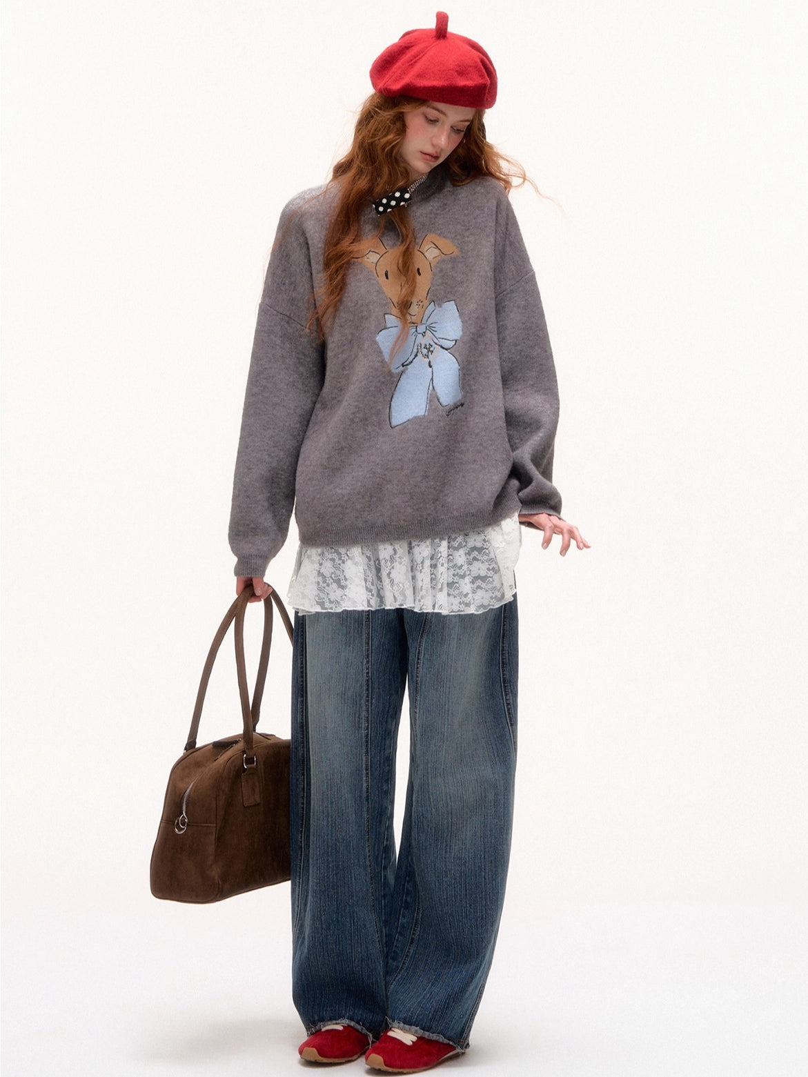 Bow-Knot Puppy Jacquard Pullover Crewneck - CHINASQUAD