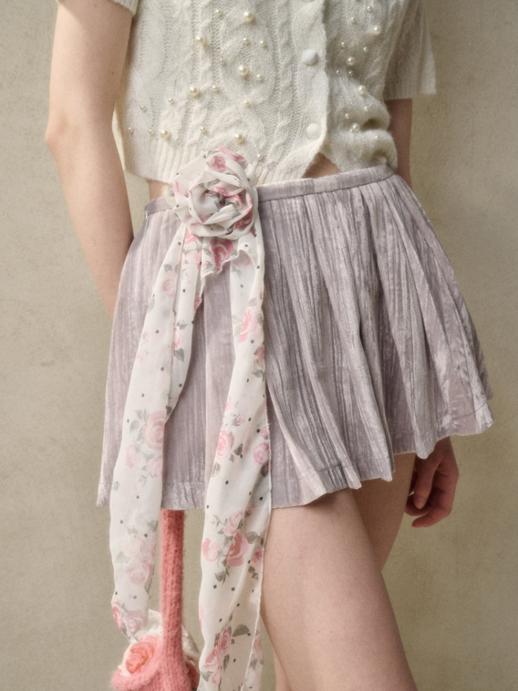 Velvet Floral Pleated Skirt - CHINASQUAD