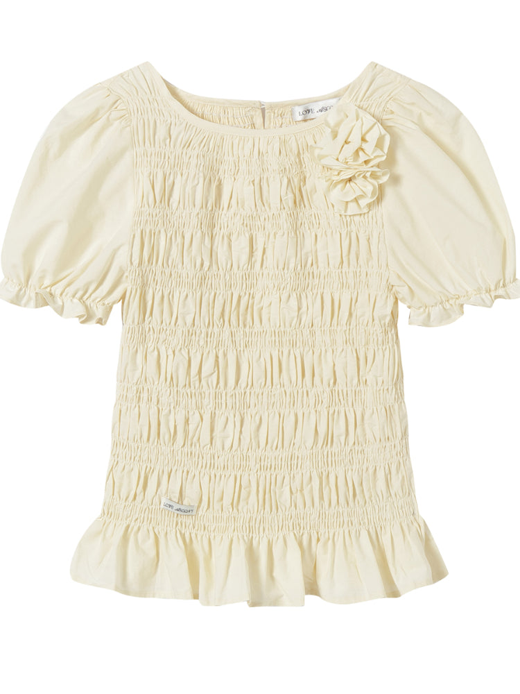 Three-Dimensional Flower Pleated Short-Sleeve Blouse - CHINASQUAD