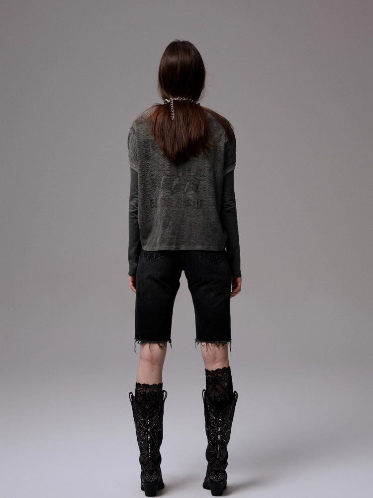 Washed Raw-edge Embroidered Denim Shorts