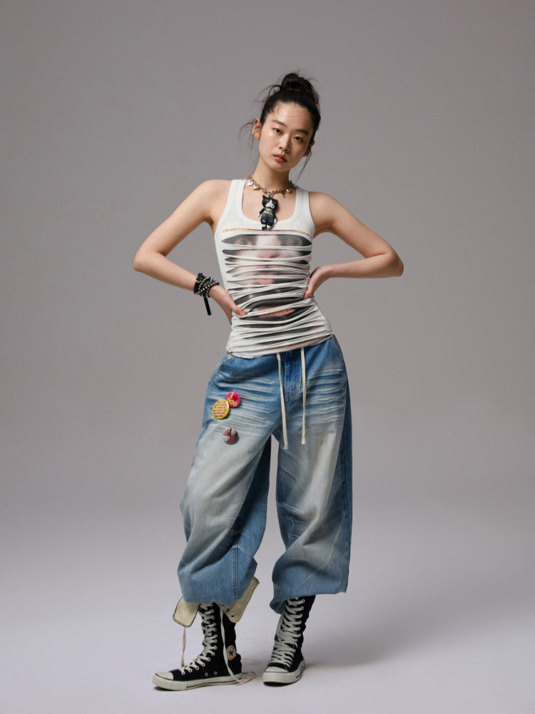Irregular Hole-Ripped Double-Layer Halter Neck Tank Top - CHINASQUAD