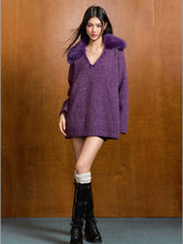 Removable Fur Collar Tweed V-neck Blouse - CHINASQUAD